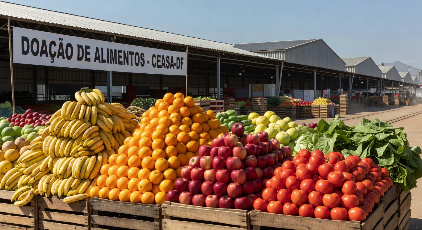 Mercado da Ceasa-DF com pilhas de frutas e vegetais frescos, simbolizando doação de 96 mil kg de alimentos beneficiando 60 mil pessoas.
