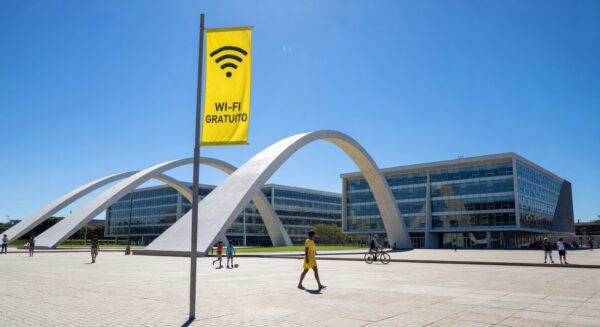 Ponto de Wi-Fi público em praça de Brasília, representando o Wi-Fi Social DF com mais de 150 milhões de acessos e expansão planejada para 2026.