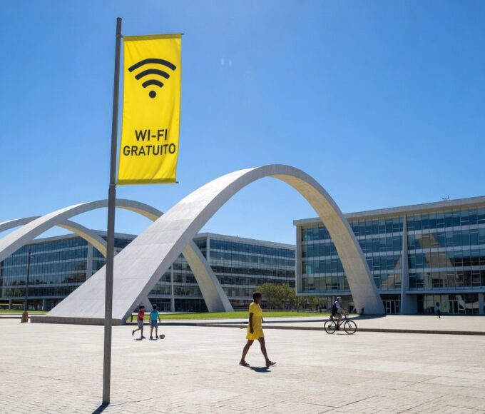 Ponto de Wi-Fi público em praça de Brasília, representando o Wi-Fi Social DF com mais de 150 milhões de acessos e expansão planejada para 2026.