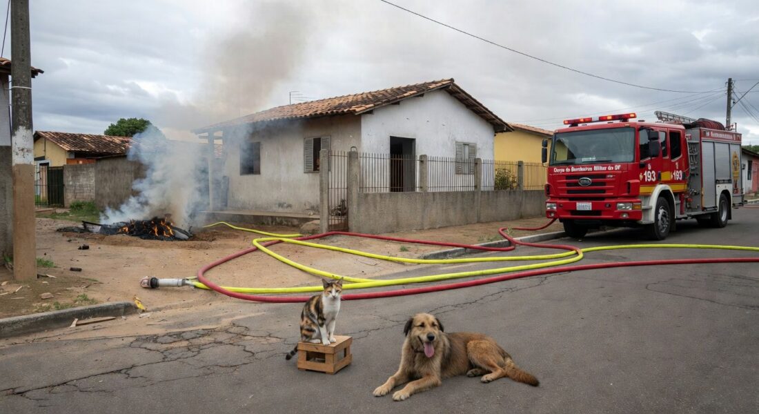 Viaturas de bombeiros controlando incêndio em casa na Candangolândia, com gato e cachorro resgatados.