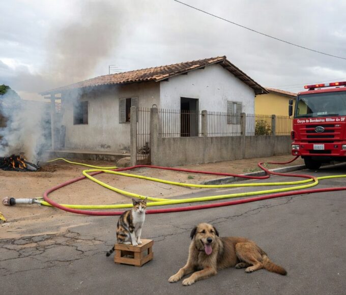 Viaturas de bombeiros controlando incêndio em casa na Candangolândia, com gato e cachorro resgatados.
