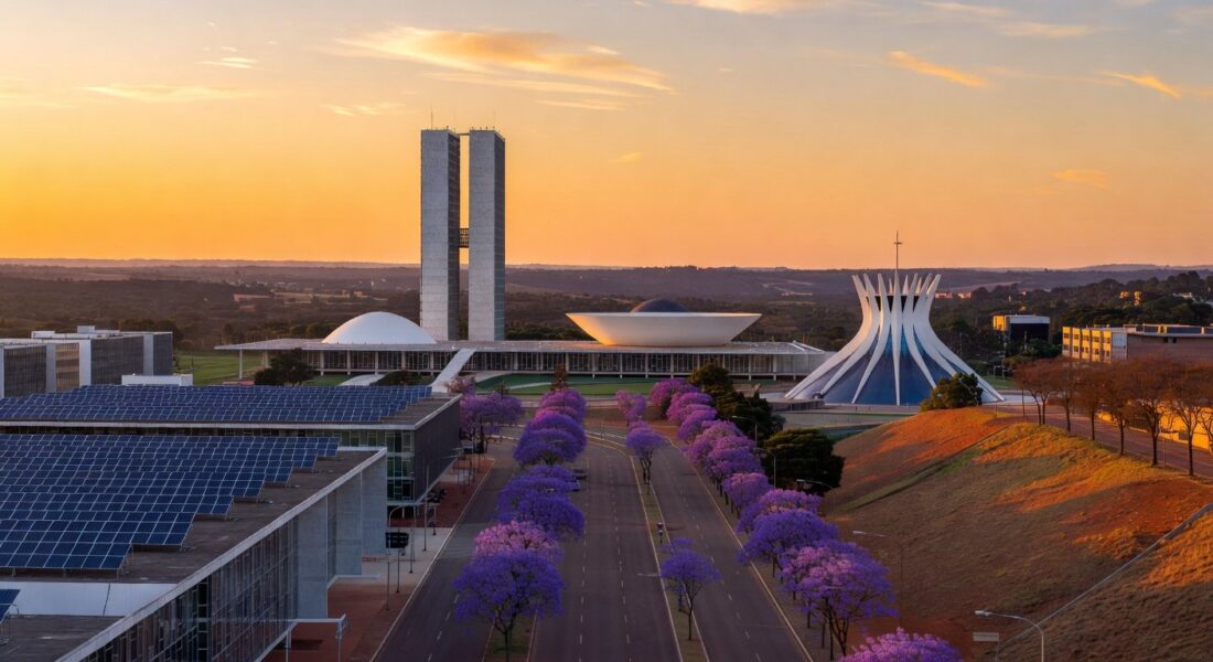 Vista panorâmica de Brasília com arquitetura moderna, representando hackathon HackaCity Guará para soluções urbanas inovadoras.