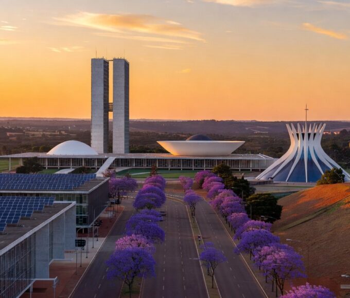 Vista panorâmica de Brasília com arquitetura moderna, representando hackathon HackaCity Guará para soluções urbanas inovadoras.