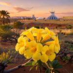 Flor vibrante no cerrado de Brasília, representando o Programa Viva Flor e proteção contra feminicídios no DF.