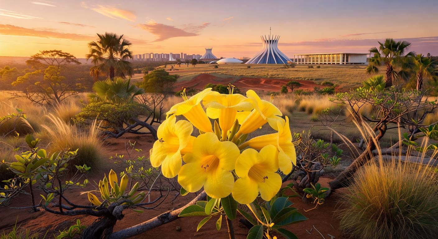 Flor vibrante no cerrado de Brasília, representando o Programa Viva Flor e proteção contra feminicídios no DF.