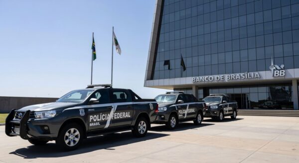Viaturas da Polícia Federal em operação em frente ao Banco de Brasília, representando prisão de ex-presidente do BRB.