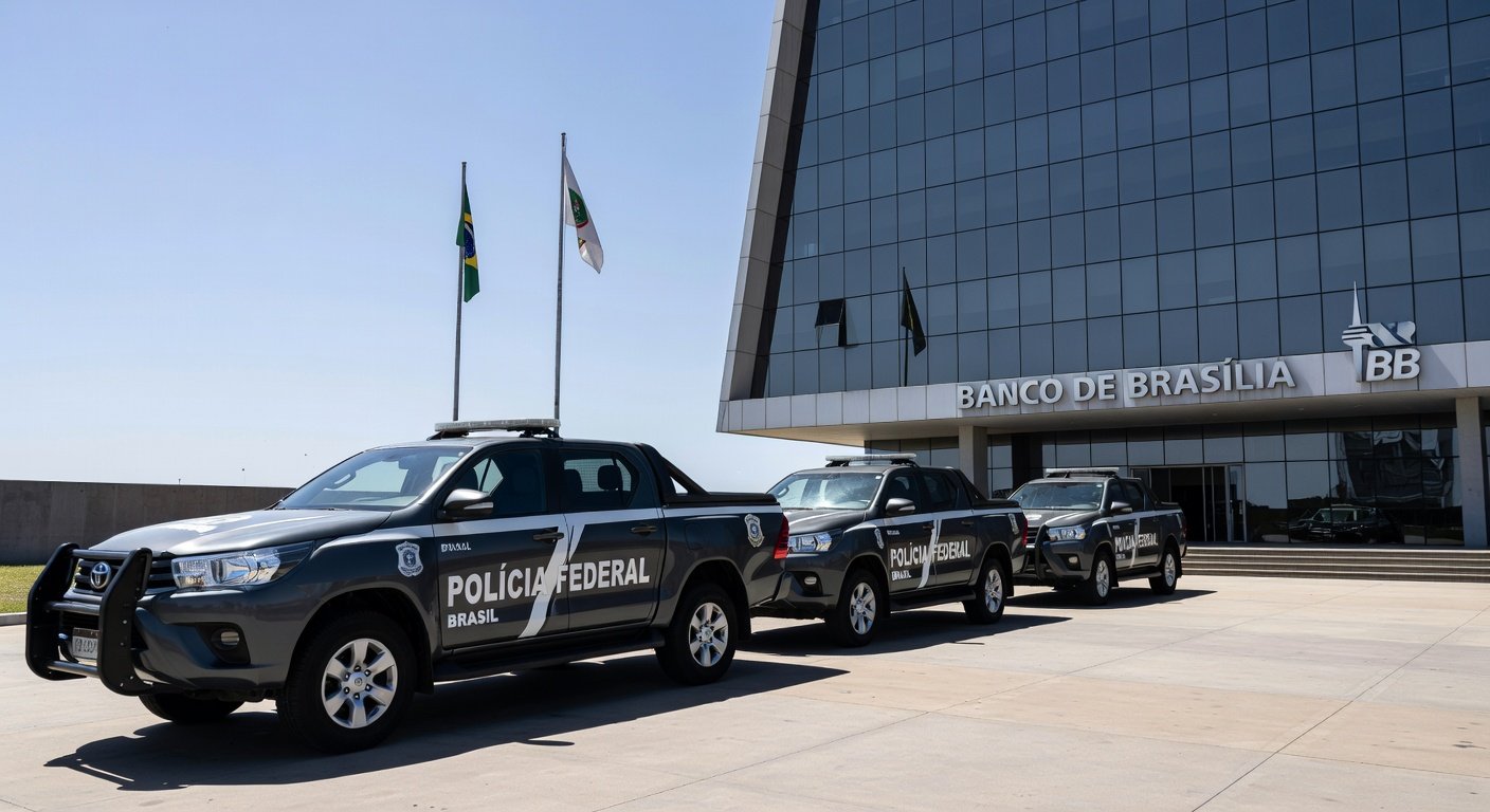 Viaturas da Polícia Federal em operação em frente ao Banco de Brasília, representando prisão de ex-presidente do BRB.