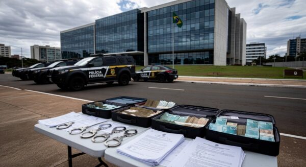 Viaturas da Polícia Federal em operação contra propina e lavagem de dinheiro em Brasília.