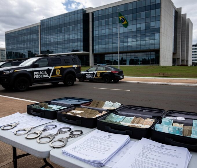 Viaturas da Polícia Federal em operação contra propina e lavagem de dinheiro em Brasília.