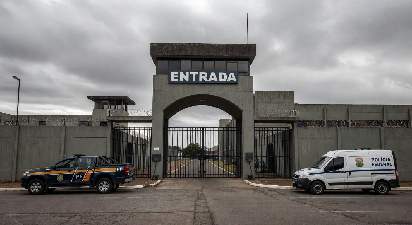 Entrada do Complexo Penitenciário da Papuda com viaturas da Polícia Federal, representando a 4ª fase da Operação Compliance Zero.