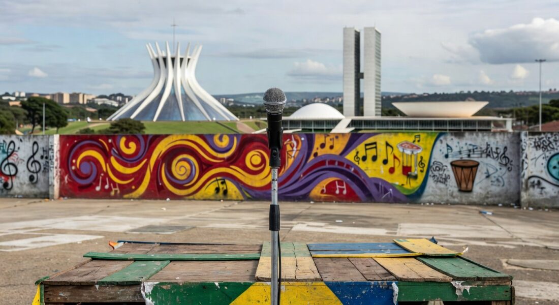 Microfone em palco comunitário de Brasília representando projeto Turma do Flow para jovens MCs em vulnerabilidade.