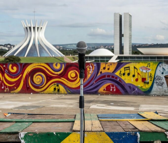Microfone em palco comunitário de Brasília representando projeto Turma do Flow para jovens MCs em vulnerabilidade.