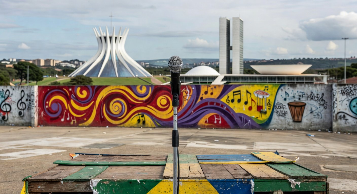 Microfone em palco comunitário de Brasília representando projeto Turma do Flow para jovens MCs em vulnerabilidade.