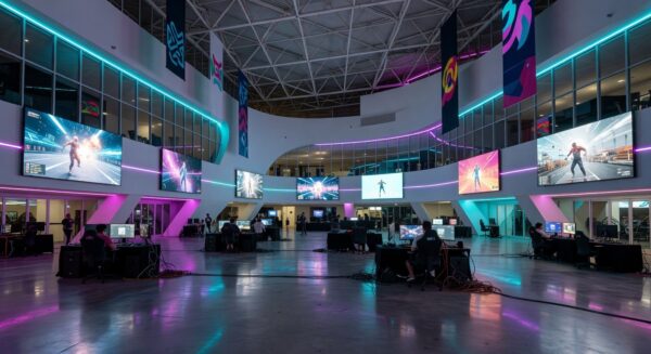 Salão de convenções em Brasília durante o TecnoGame 2026, com stands de e-sports e inovação tecnológica.