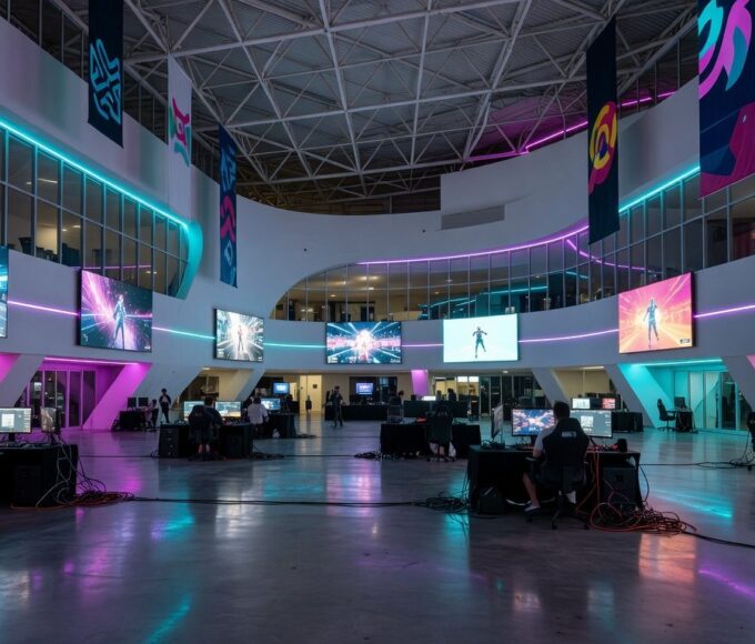 Salão de convenções em Brasília durante o TecnoGame 2026, com stands de e-sports e inovação tecnológica.