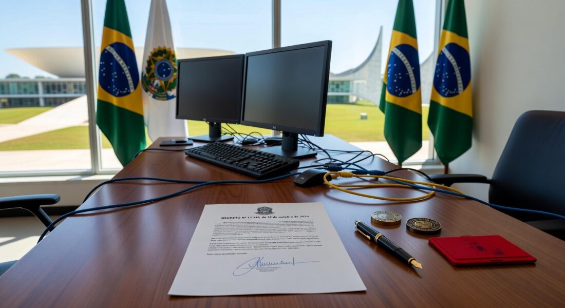 Mesa com decreto de autonomia para licitações em tecnologia no governo do DF, com equipamentos tecnológicos e bandeiras oficiais.