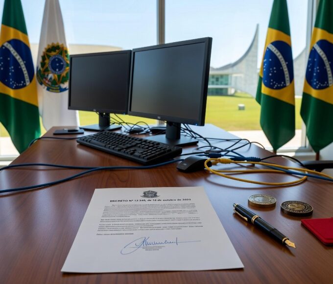 Mesa com decreto de autonomia para licitações em tecnologia no governo do DF, com equipamentos tecnológicos e bandeiras oficiais.