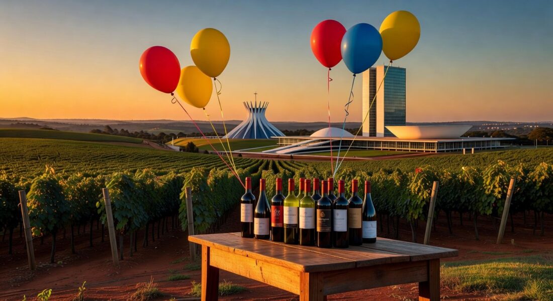 Vinícola em Brasília com vinhedos e arquitetura da capital ao fundo, celebrando aniversários com garrafas de vinho.