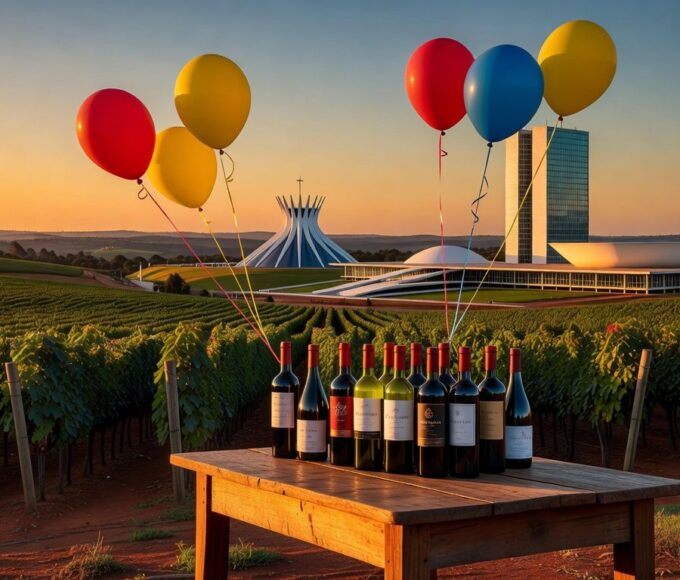 Vinícola em Brasília com vinhedos e arquitetura da capital ao fundo, celebrando aniversários com garrafas de vinho.