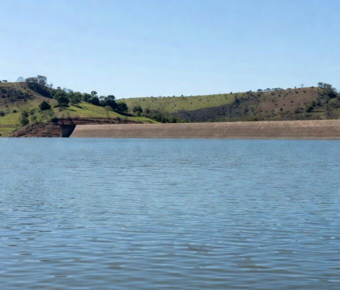 Reservatório de água no DF atingindo capacidade máxima, evitando racionamento, com barragem e paisagem do cerrado.