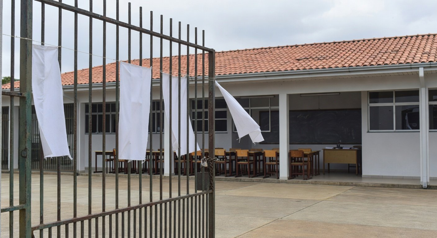 Escola pública em Brasília com portões fechados e faixas de greve, representando paralisação de professores no DF.