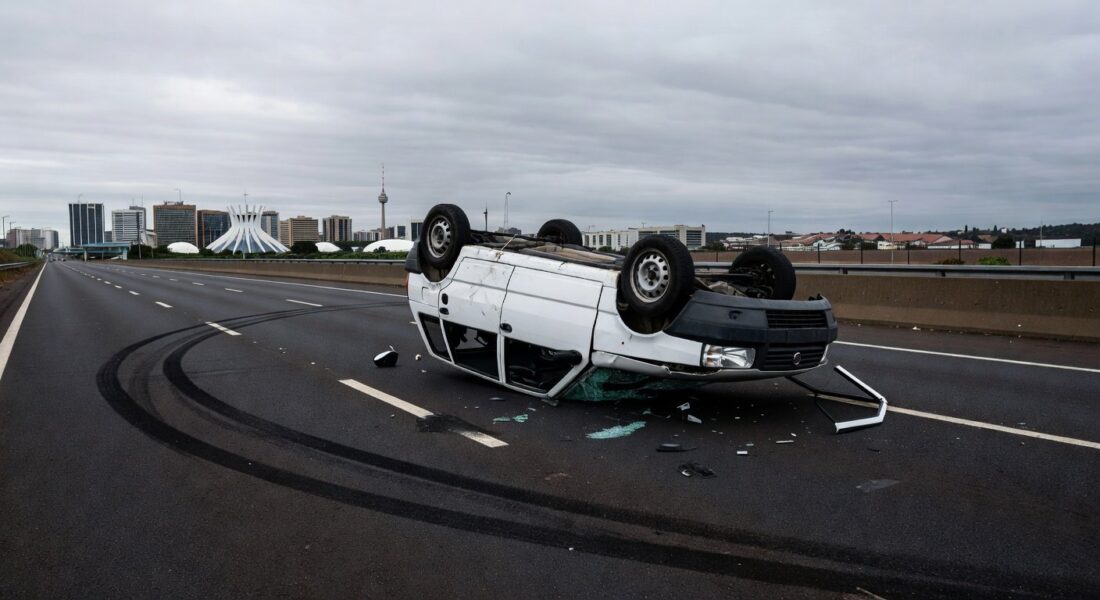 Carro Fiat Uno capotado em acidente na DF-005 em Brasília, com destroços no asfalto.