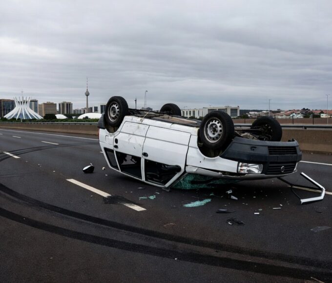Carro Fiat Uno capotado em acidente na DF-005 em Brasília, com destroços no asfalto.