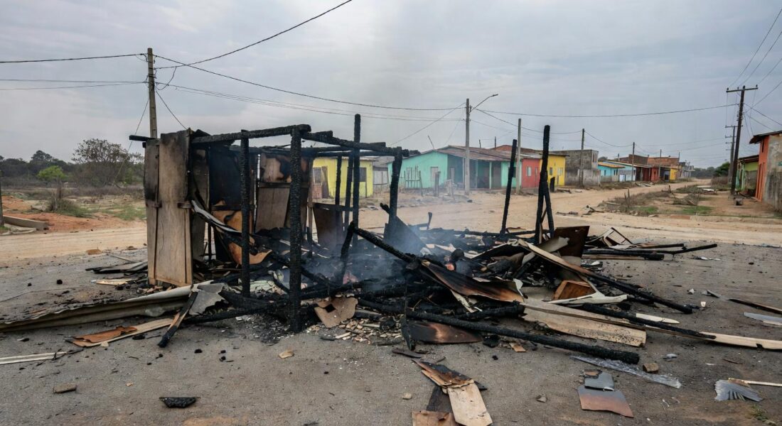 Barraco carbonizado após incêndio em Ceilândia, com cinzas e fumaça residual em rua periférica.