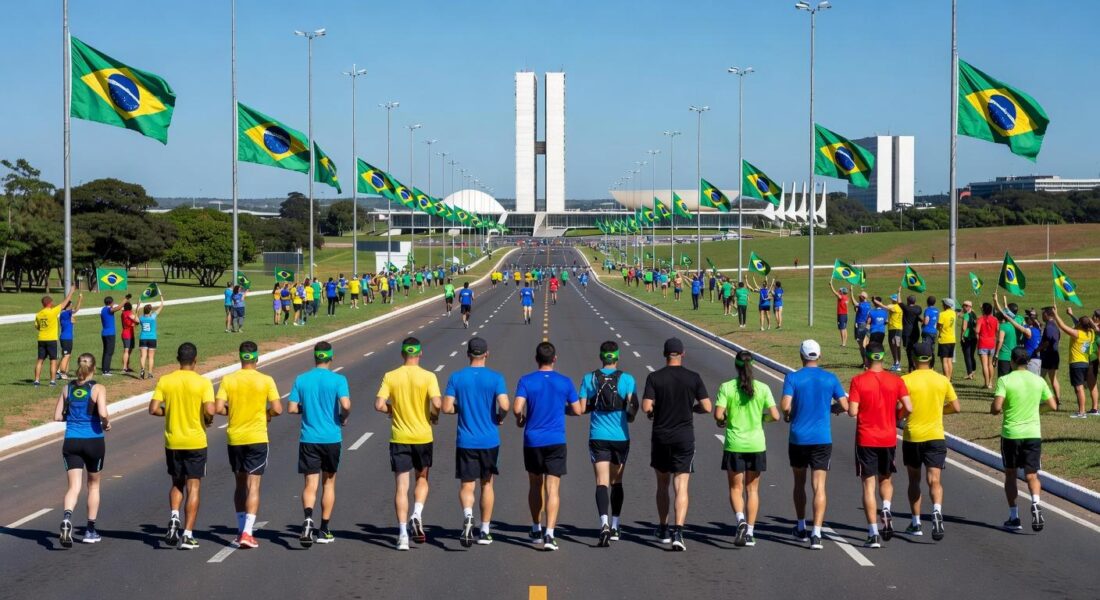 Maratona em Brasília celebrando 66 anos da cidade, com vista do Eixo Monumental e monumentos icônicos.