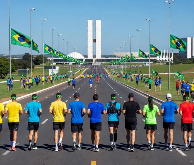 Maratona em Brasília celebrando 66 anos da cidade, com vista do Eixo Monumental e monumentos icônicos.