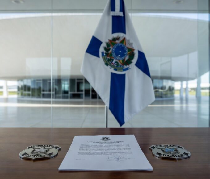 Mesa com decreto de promoções na PMDF e CBMDF em escritório governamental de Brasília.