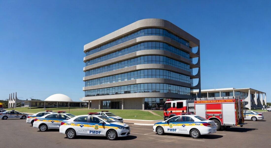 Edifício em Brasília representando centro de atendimento a profissionais de segurança, com viaturas estacionadas.