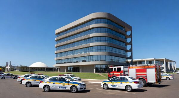 Edifício em Brasília representando centro de atendimento a profissionais de segurança, com viaturas estacionadas.