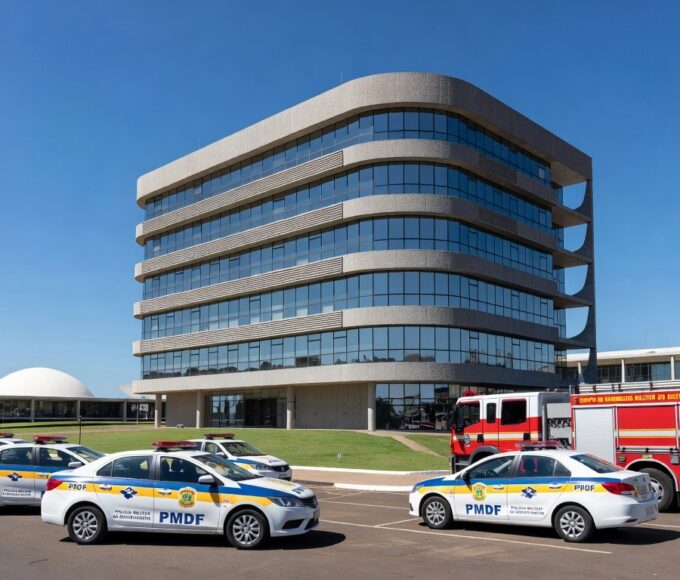 Edifício em Brasília representando centro de atendimento a profissionais de segurança, com viaturas estacionadas.