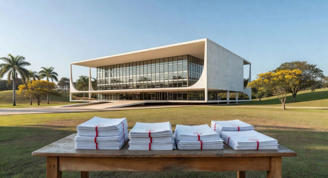 Prédio do TJDFT em Brasília com documentos de aposentadoria de professores, representando concessão integral.