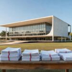 Prédio do TJDFT em Brasília com documentos de aposentadoria de professores, representando concessão integral.
