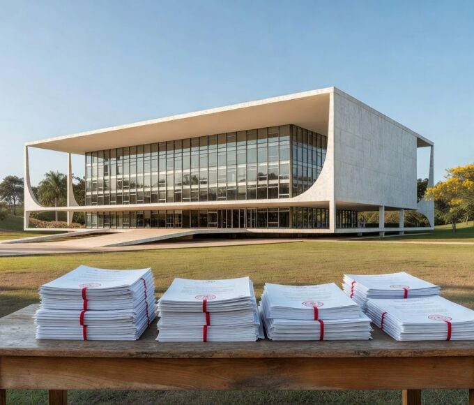 Prédio do TJDFT em Brasília com documentos de aposentadoria de professores, representando concessão integral.