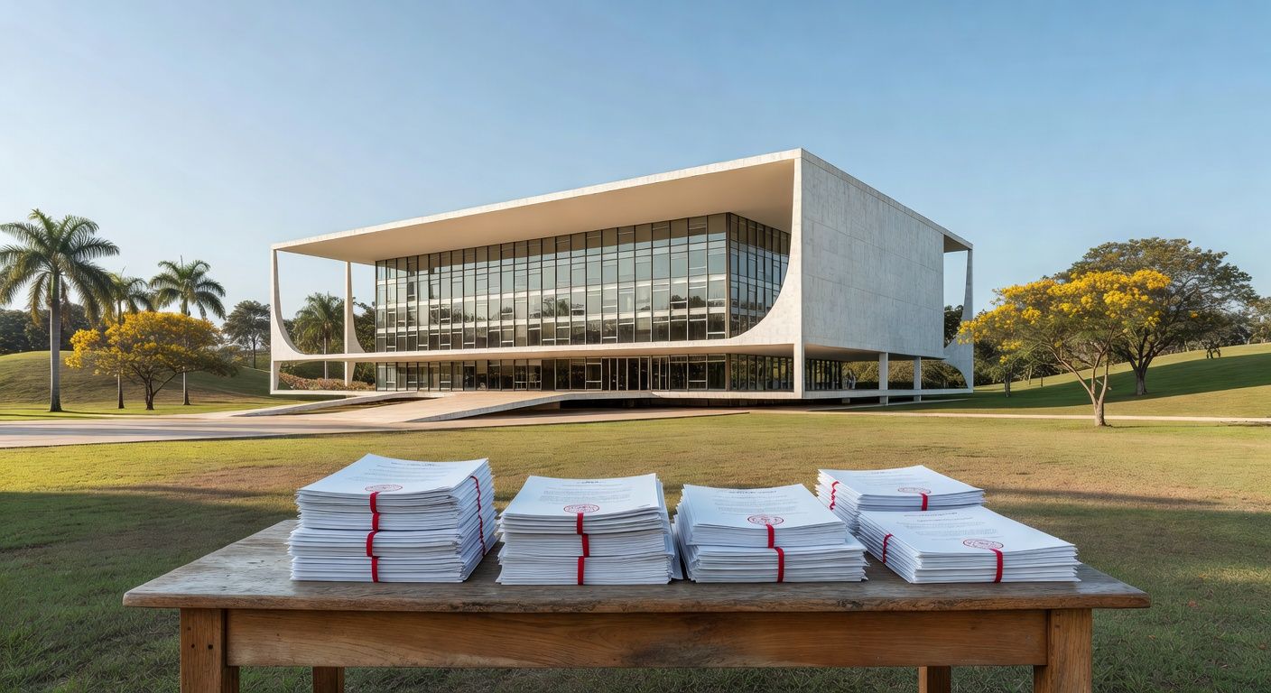 Prédio do TJDFT em Brasília com documentos de aposentadoria de professores, representando concessão integral.