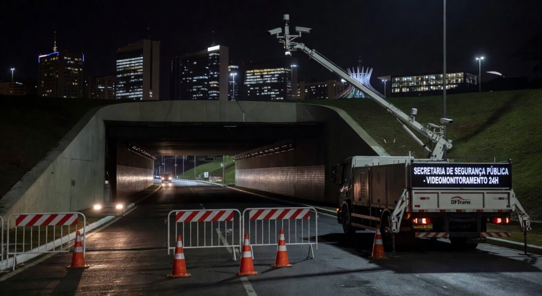 Túnel Buraco do Tatu interditado à noite para manutenção de videomonitoramento em Brasília.