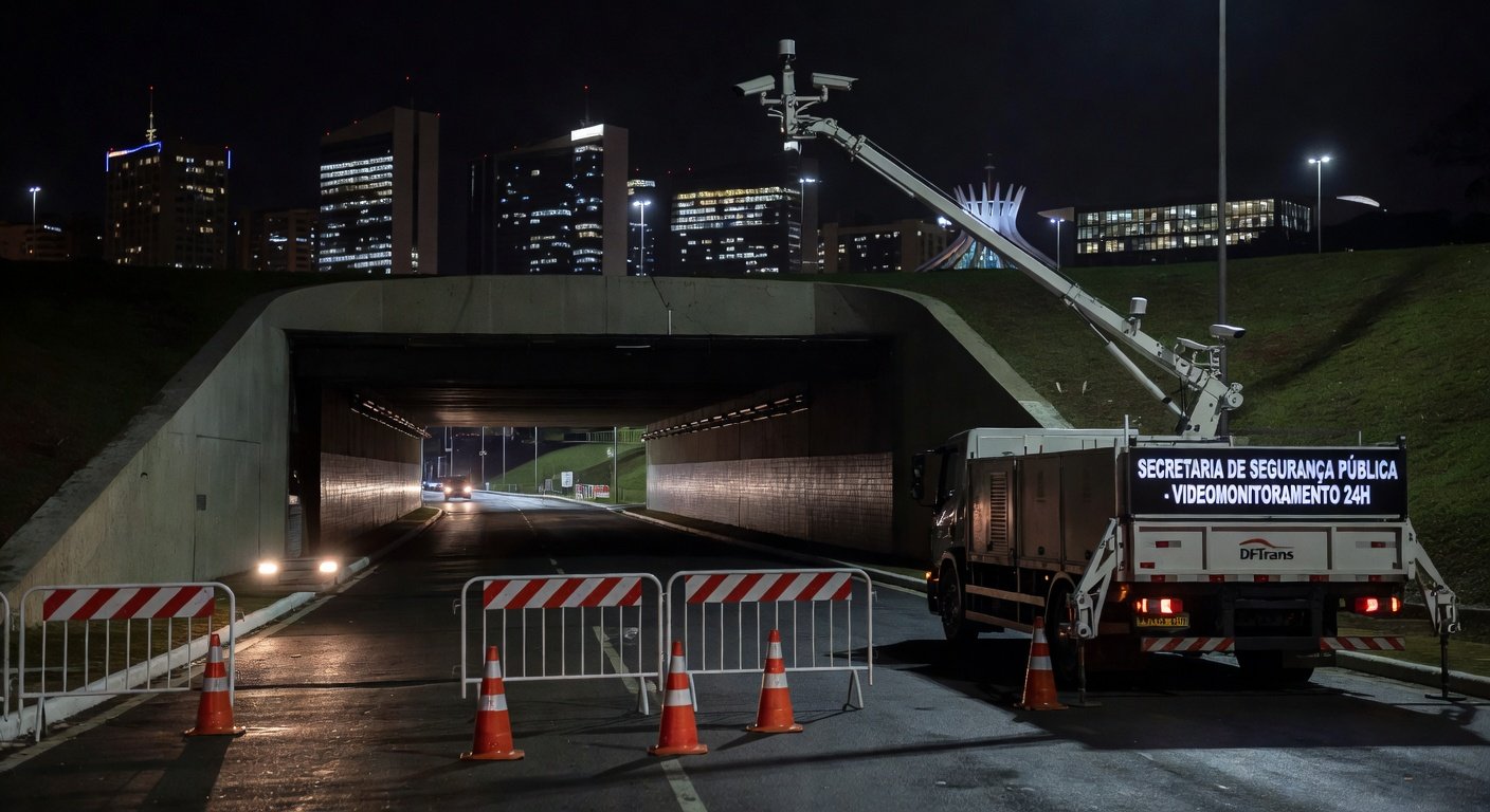 Túnel Buraco do Tatu interditado à noite para manutenção de videomonitoramento em Brasília.