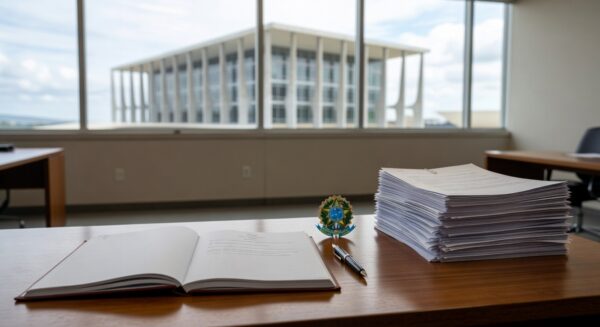 Mesa com decreto e contratos no escritório governamental do DF, representando contenção de gastos e revisão de contratos pela governadora Celina Leão.