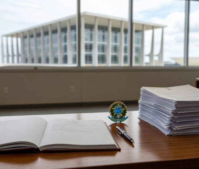 Mesa com decreto e contratos no escritório governamental do DF, representando contenção de gastos e revisão de contratos pela governadora Celina Leão.