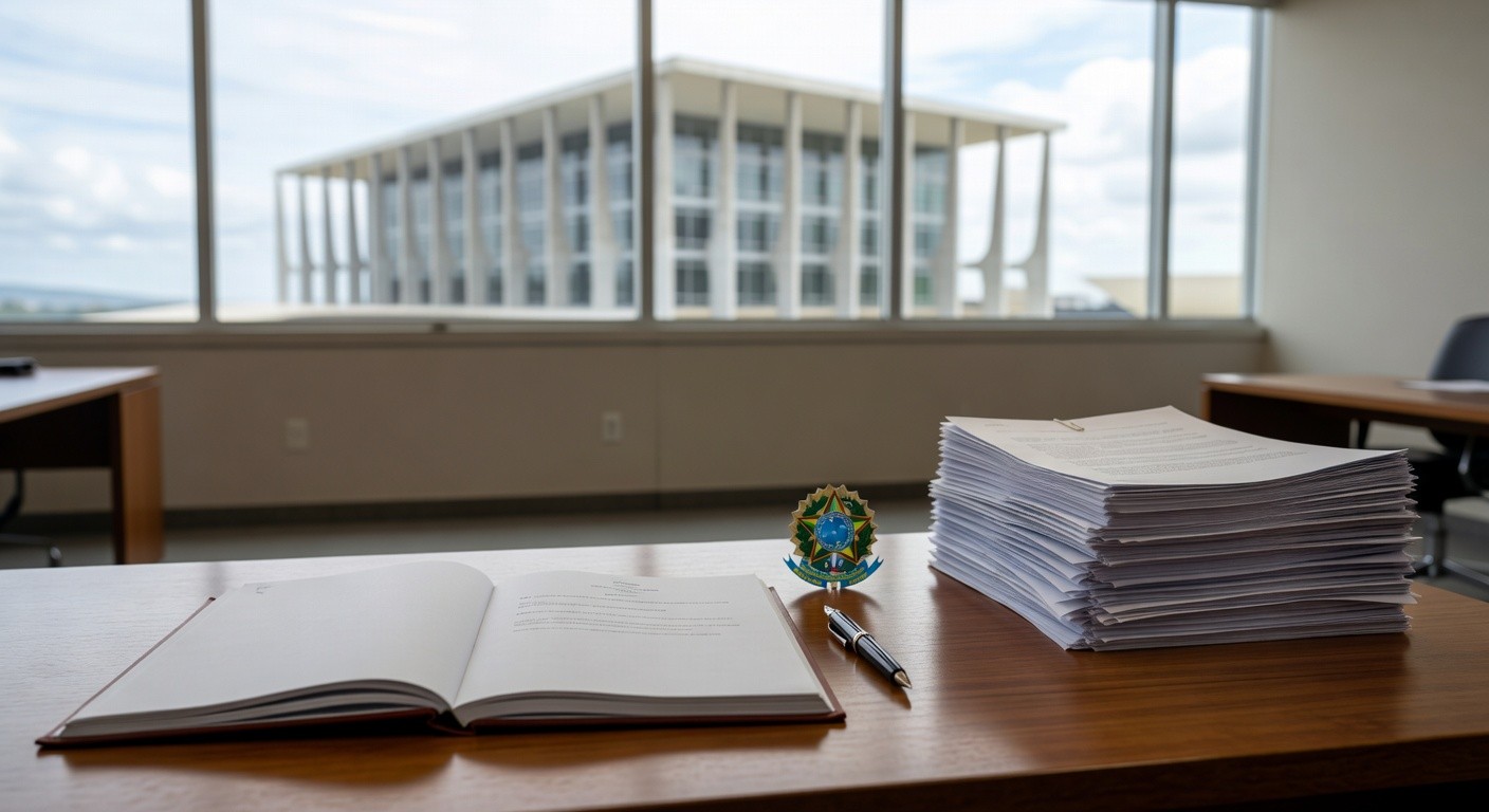 Mesa com decreto e contratos no escritório governamental do DF, representando contenção de gastos e revisão de contratos pela governadora Celina Leão.