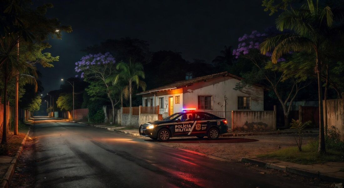 Viatura da polícia em frente a casa em Ceilândia durante prisão de agressor armado.