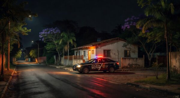 Viatura da polícia em frente a casa em Ceilândia durante prisão de agressor armado.