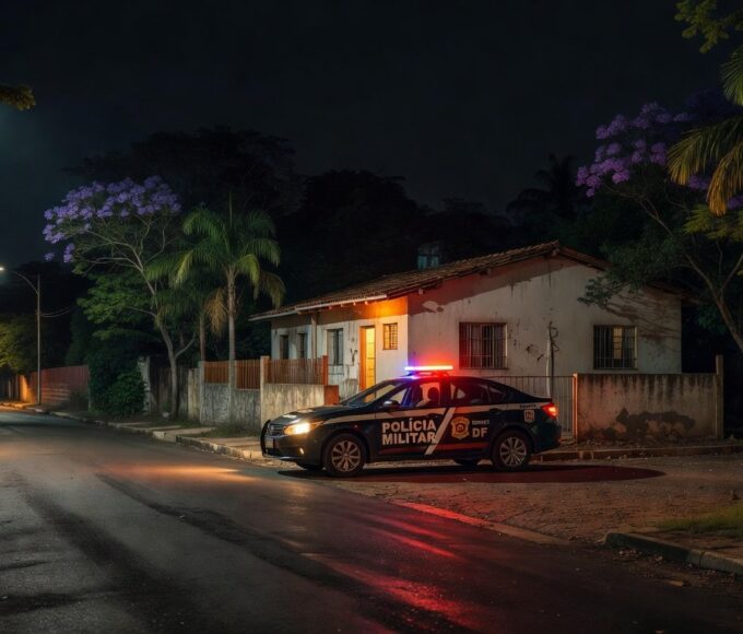 Viatura da polícia em frente a casa em Ceilândia durante prisão de agressor armado.